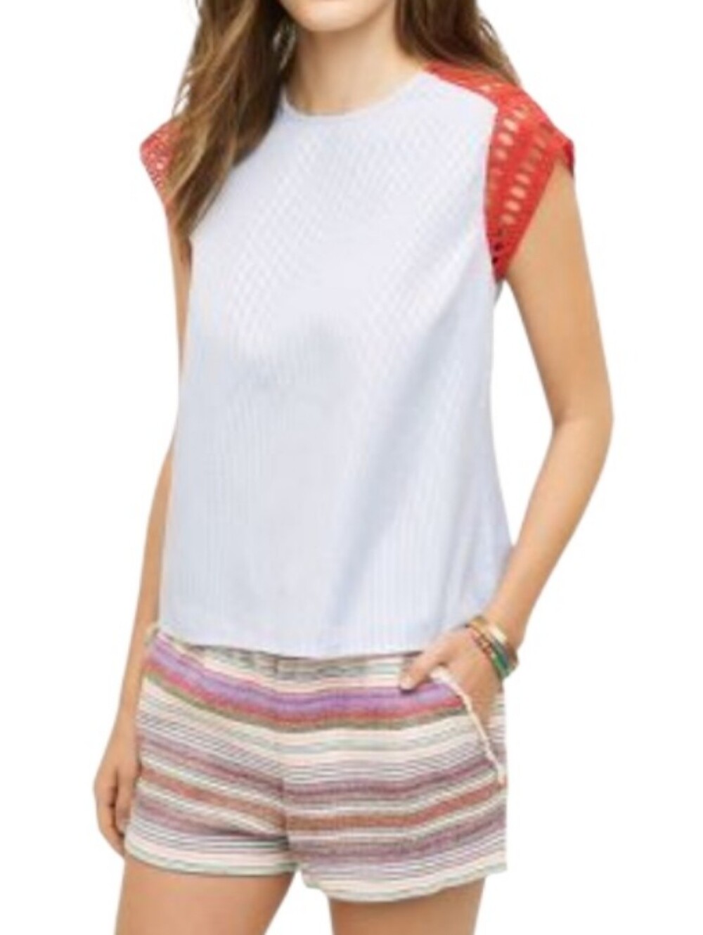 Maeve Anthropologie Striped Poplin Light Blue Top with Red Crochet Detail